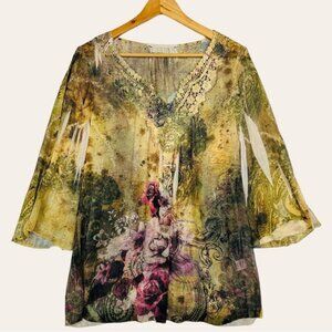 Vintage 90s Goth Grunge Hippie Fairy Gauze Semi Sheer Floral V Neck Popover Top